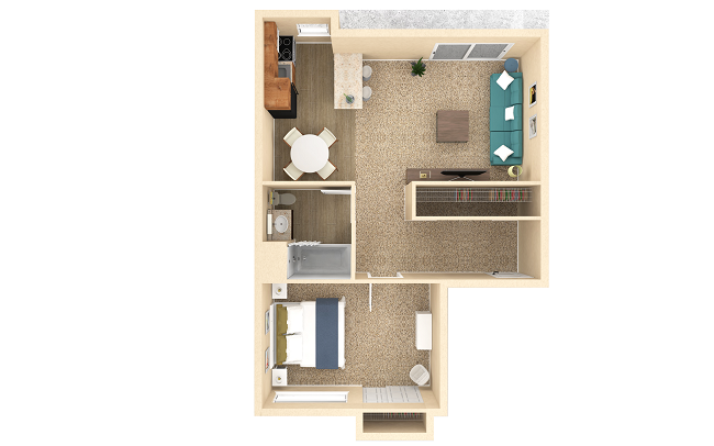 Floor plan for 1 bed, 1 bath, 640 sqft